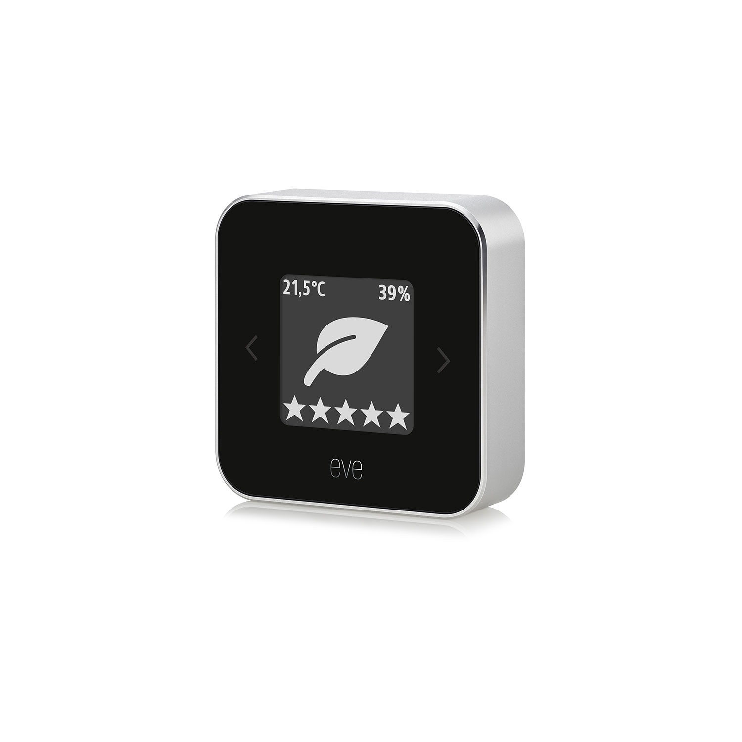 Square indoor air quality monitor in black and silver, featuring a digital display showing temperature, humidity, and a leaf icon, designed for smart home integration.