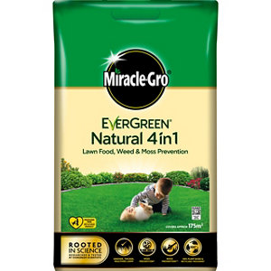 Yellow and green bag of Miracle-Gro Natural 4 In1 Lawn Feed, Weed & Moss Preventor, designed for 175 m², featuring a child and pet on a lawn graphic.