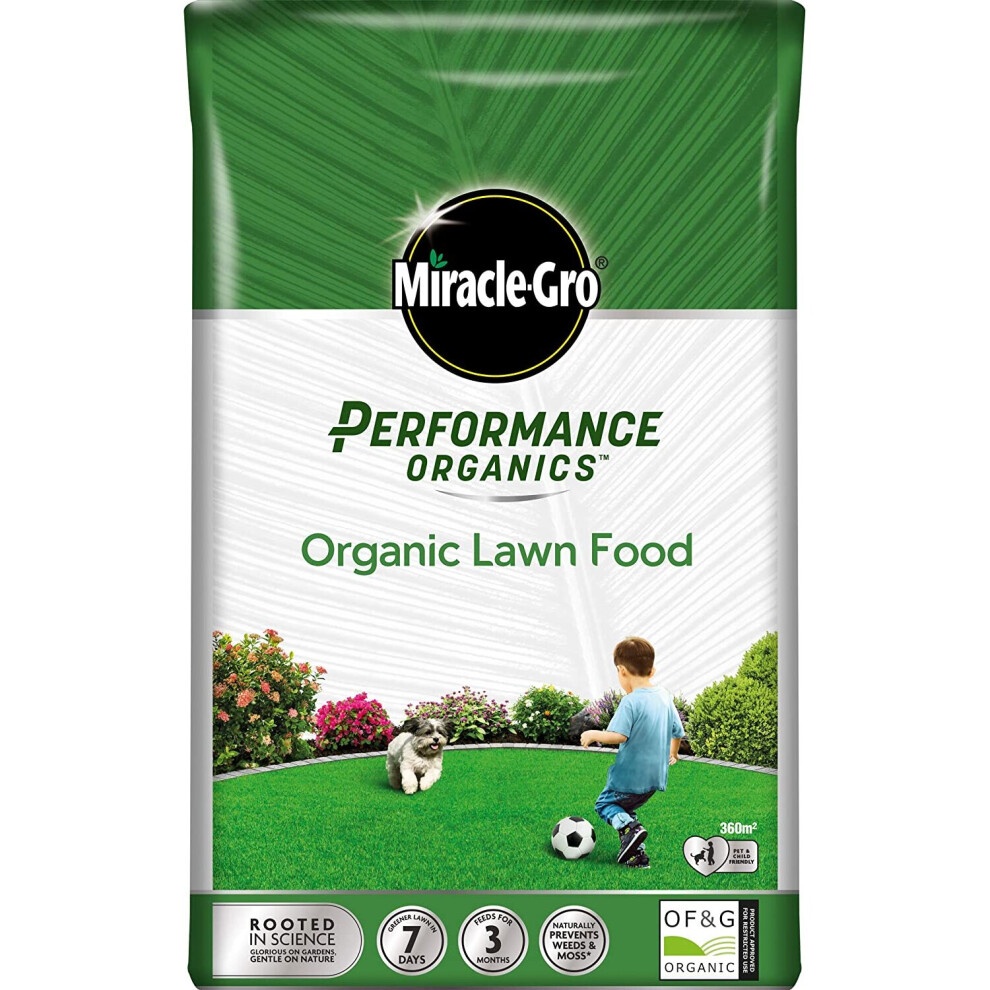 Green and white bag of Miracle-Gro Performance Organics Organic Lawn Food, 9.1 kg, featuring a child and dog playing on grass, with coverage for 360 m², labeled as bee, pet, and child friendly.