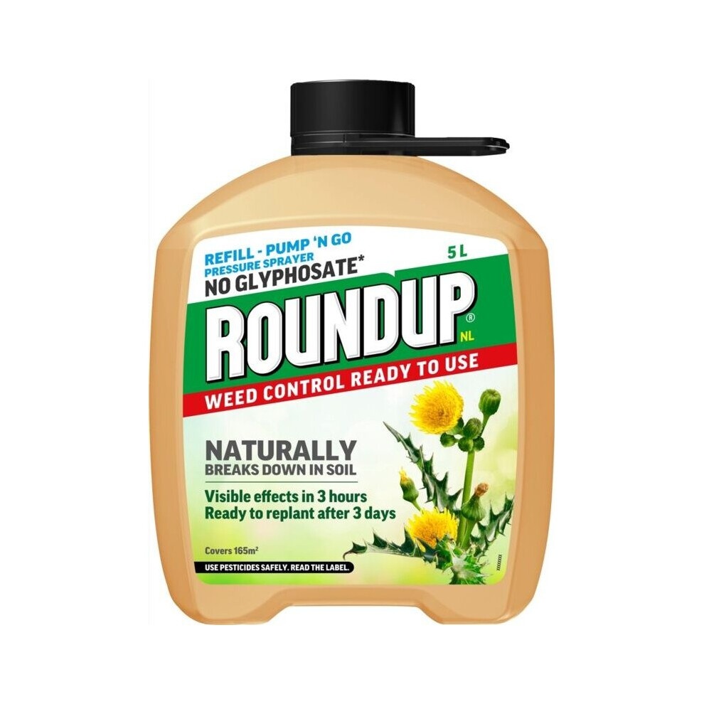 Roundup Natural Weed Control Refill 5L in a beige plastic container with a black pump cap, featuring a green label with white text and a yellow dandelion illustration.