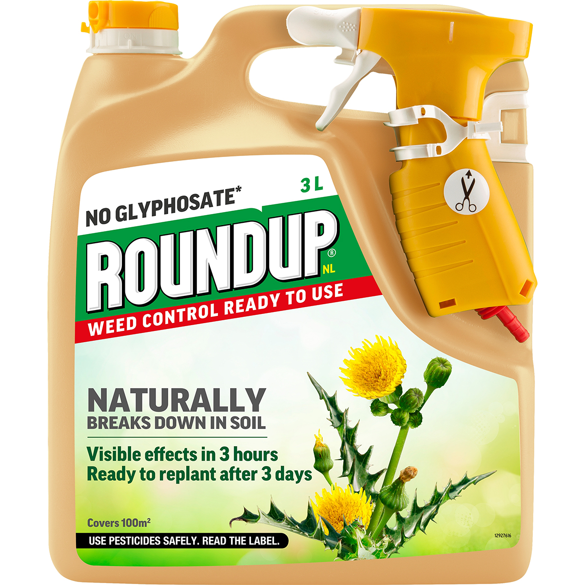 Roundup Natural Weedkiller in a 3L plastic container, featuring a yellow trigger spray nozzle, green and white label, and illustrations of dandelions, emphasizing natural weed control.