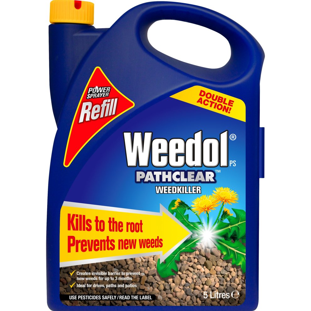 Blue plastic container with a yellow cap, labeled "Weedol PathClear Weedkiller," featuring a flower graphic and stating "Kills to the root, Prevents new weeds," 5 liters.