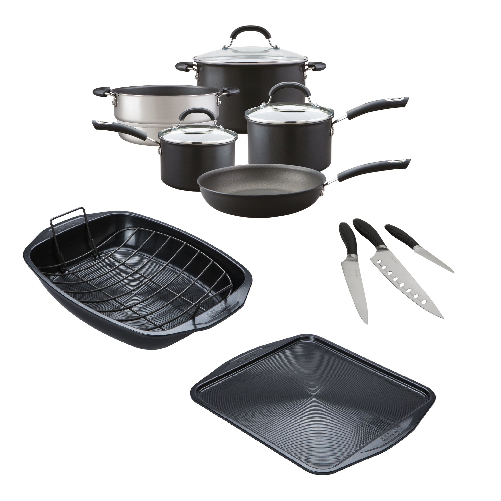 Exclusive 10-piece Circulon cookware set featuring non-stick induction pans, a roasting tray with rack, and a knives set, all in sleek black and silver finishes.