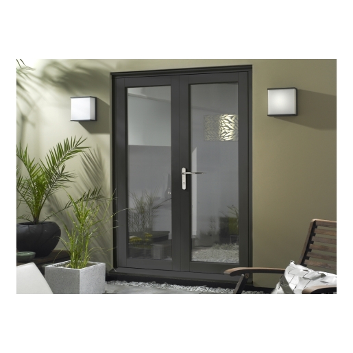 Finished grey slimline French doors, 1190mm wide, featuring sleek glass panels and a modern handle, set against a neutral wall with decorative wall lights and potted plants.