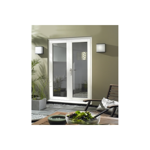 External finished white slimline French doors, 1790mm, featuring glass panels and a sleek design, set against a neutral wall with modern outdoor decor.