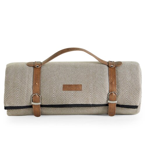 Large beige waterproof picnic blanket with a herringbone pattern, secured with brown leather straps and featuring a VonHaus logo.