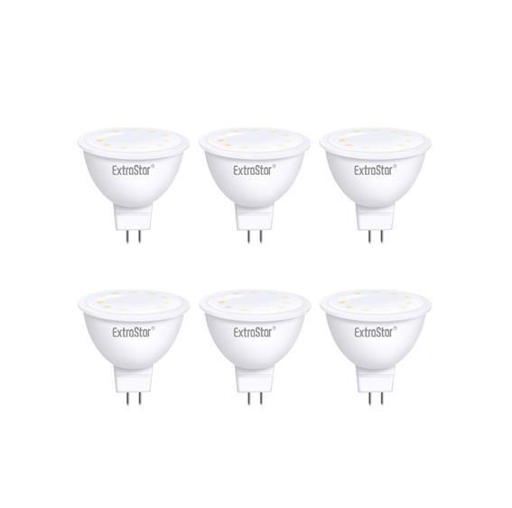 Ten white MR16 LED bulbs by ExtraStar, each 6W with a daylight color temperature of 6500K, featuring a sleek design and two prong base for easy installation.