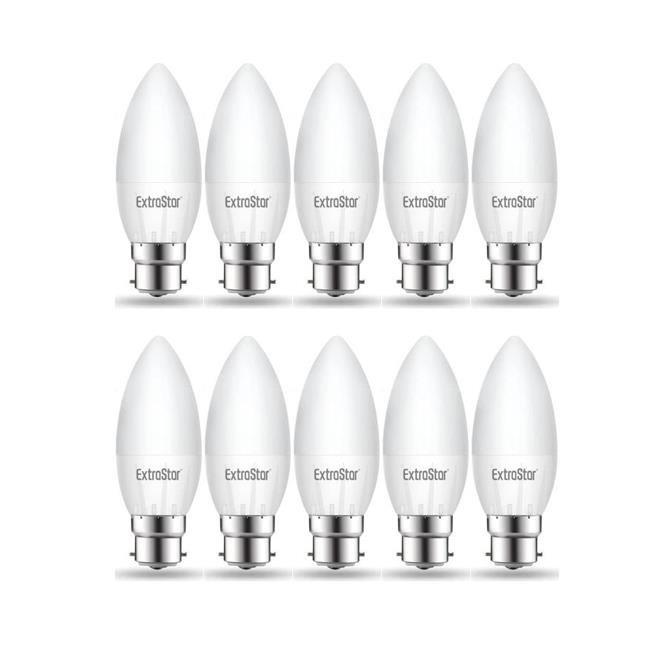 Ten B22 LED candle light bulbs in a clampshell pack, featuring a sleek white glass design and a daylight color temperature of 6500K, labeled with the ExtraStar brand.