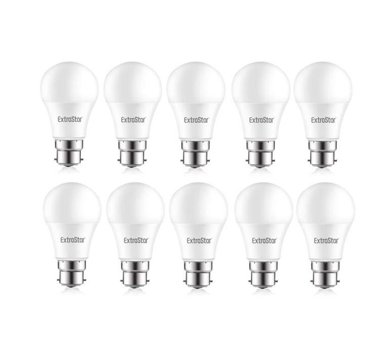 Ten white LED ball bulbs with a B22 base, labeled "ExtraStar," emitting neutral 4200K light, arranged in a neat row.