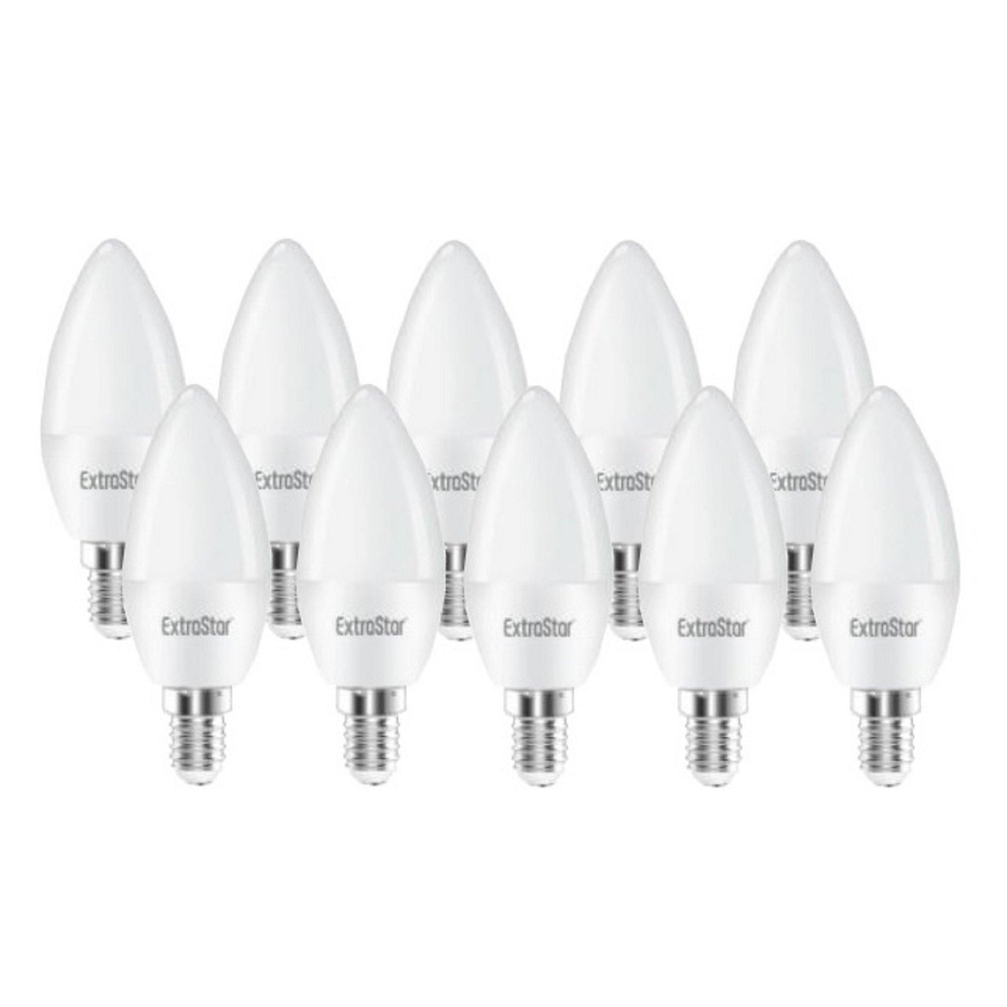 Ten E14 LED candle filament light bulbs by ExtraStar, each with a white glass finish and silver base, emitting a warm 3000K light.