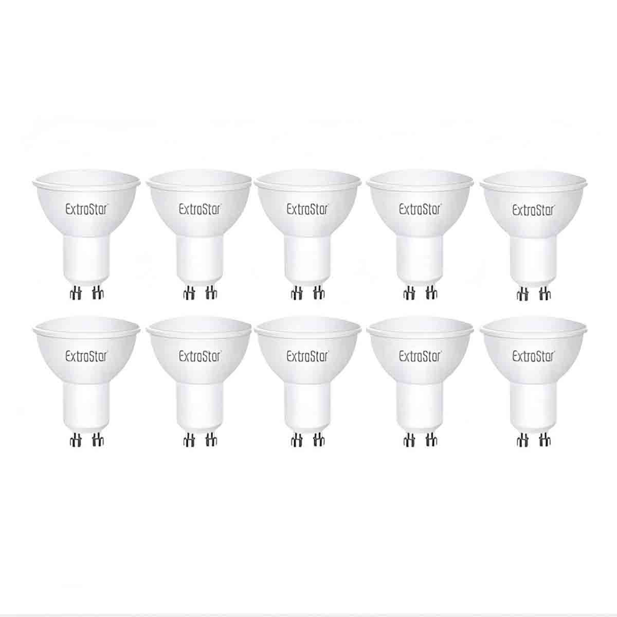 Ten white GU10 LED light bulbs, each 4W, featuring a clear glass design and marked with the ExtraStar logo, arranged in two rows.