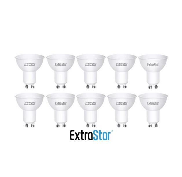 Ten white GU10 7W daylight LED light bulbs arranged in two rows, featuring a smooth finish and labeled with the ExtraStar logo.