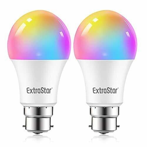 Two 10W WIFI Smart LED bulbs in A60 B22 shape, featuring a white base and a colorful, gradient dome that transitions through rainbow hues.