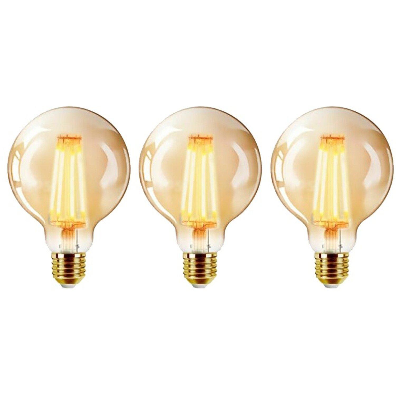 Three warm white G125 6W LED ball bulbs with a clear glass exterior and vintage filament design, featuring E27 bases, packaged together.