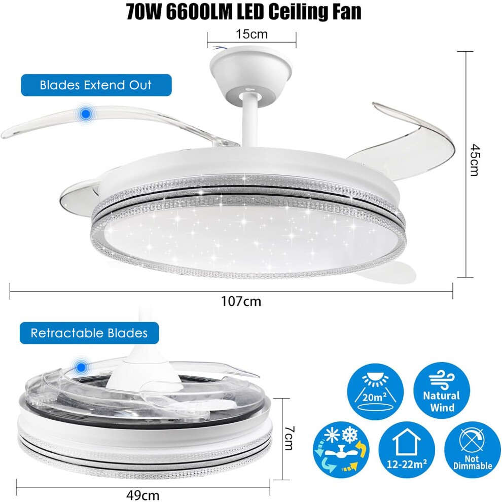 ExtraStar 42 inch Glitter Edge Retractable Blades LED Ceiling Fan Light with Remote - image 5