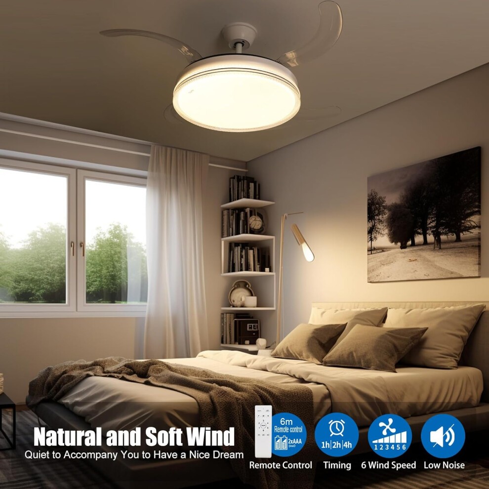 Silver edge retractable blade fan and ceiling light with a circular LED light, remote control, and three color settings, set in a cozy bedroom with a bed and bookshelf.