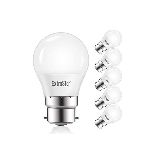 Six white LED ball bulbs with a B22 base, featuring a smooth, rounded design and labeled "ExtraStar," emitting daylight at 6500K.