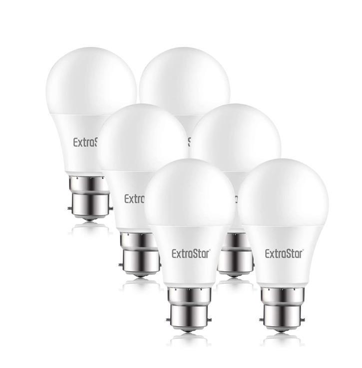 Six white LED ball bulbs with B22 bases, labeled "ExtraStar," emitting daylight at 6500K, designed for energy-efficient lighting.