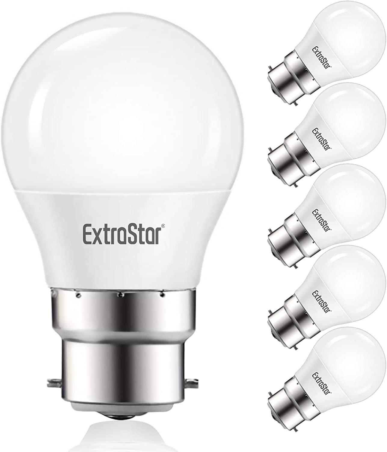 Seven-watt LED ball bulb with a B22 base, featuring a white frosted glass finish and natural light at 4200K, displayed in a pack of six.