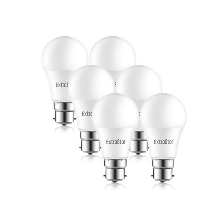 Six white 10W LED ball bulbs with B22 bases, labeled "ExtraStar," featuring a neutral 4200K color temperature, arranged together in a pack.