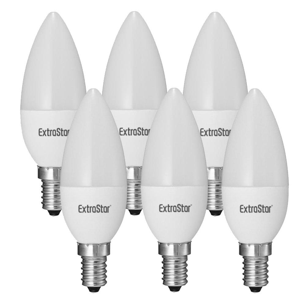 Six white LED candle filament light bulbs in a pack, featuring a pointed design and E14 base, labeled with the ExtraStar brand, emitting a warm 3000K light.