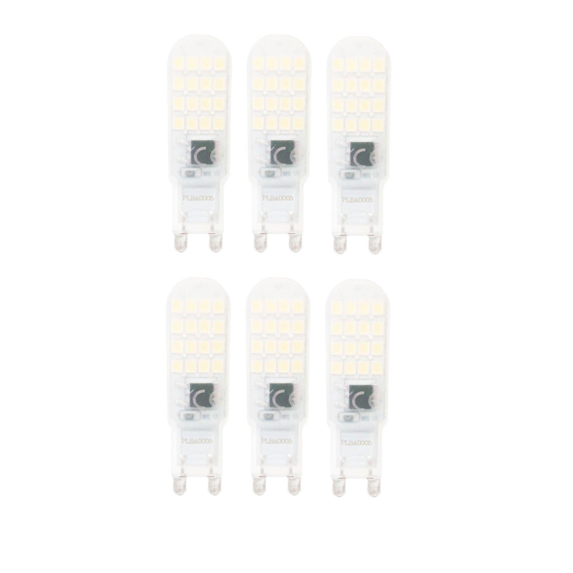 Six G9 LED mini bulbs in a clear plastic casing, emitting a white light at 4200K, designed for energy efficiency and compact fixtures.