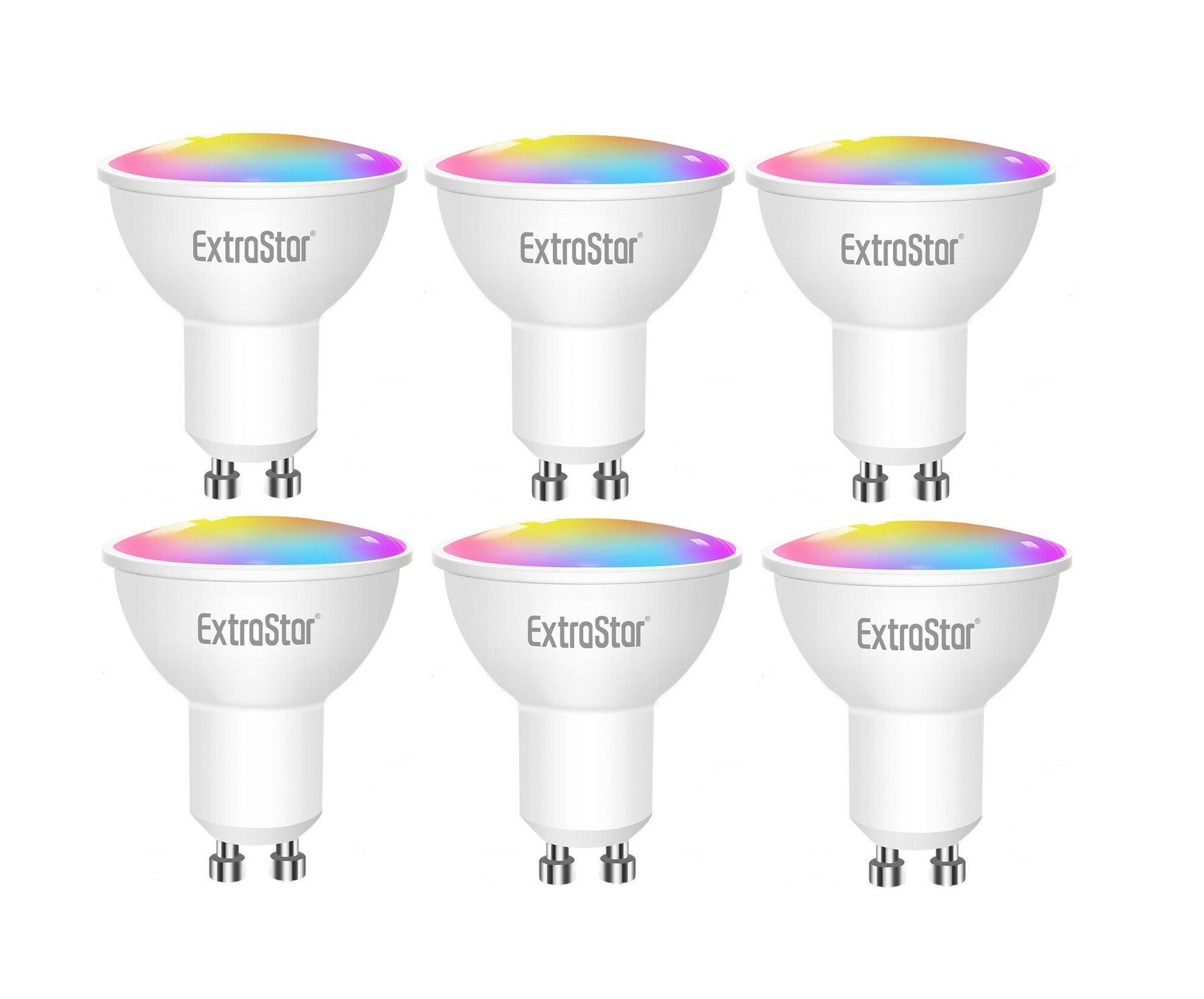 Two packs of EXTRASTAR WiFi Smart GU10 LED bulbs, each 6W, featuring a white body and a colorful RGB top, designed for dimmable lighting with a brightness of 480LM.