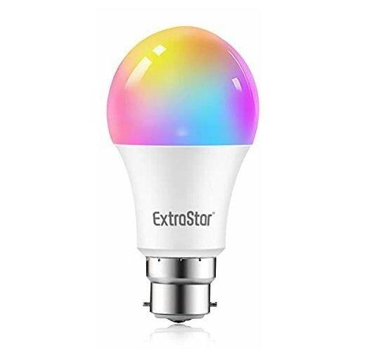 Smart LED bulb with a round, colorful top displaying a gradient of pink, yellow, and blue, and a white base labeled "ExtraStar," designed for B22 sockets and dimmable RGB lighting.