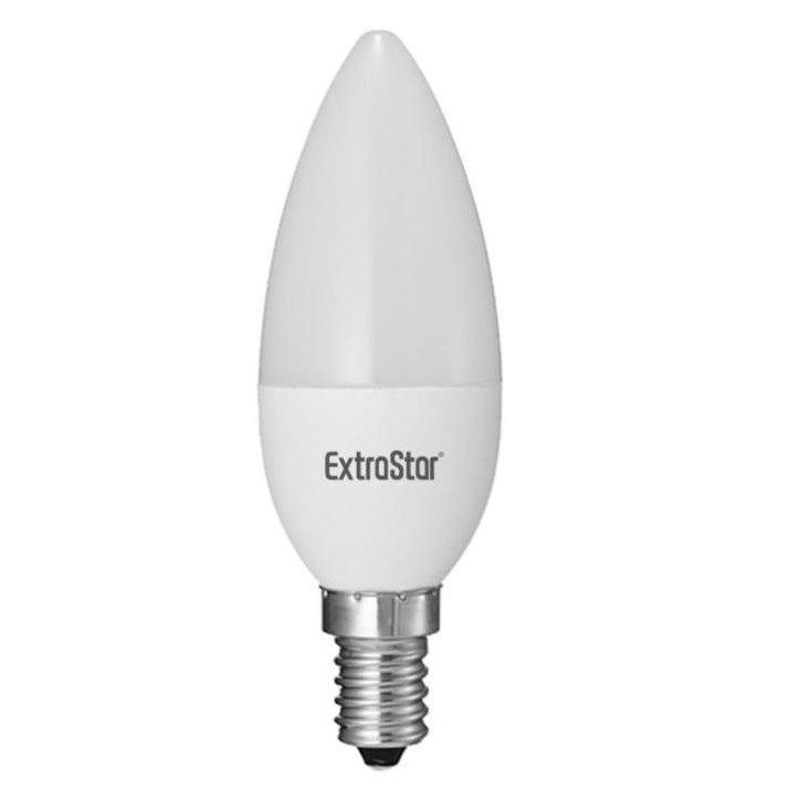 White LED candle bulb with a tapered design, E14 base, and labeled "ExtraStar," emitting a daylight color temperature of 6500K.