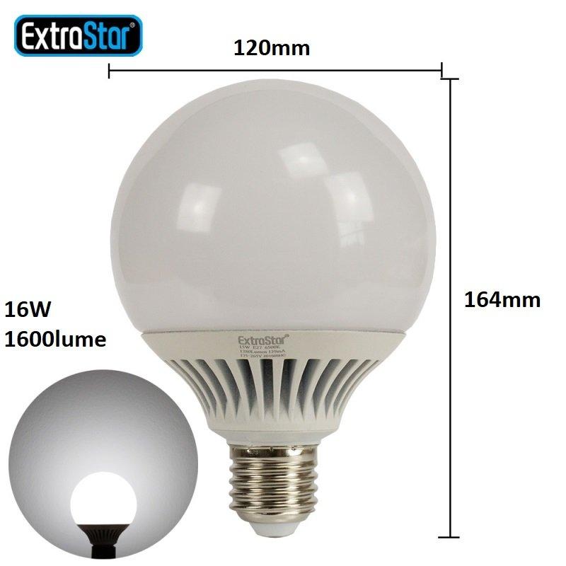 White spherical LED bulb with a smooth surface, E27 base, and a daylight color temperature of 6500K, featuring a sleek design and labeled with "ExtraStar."