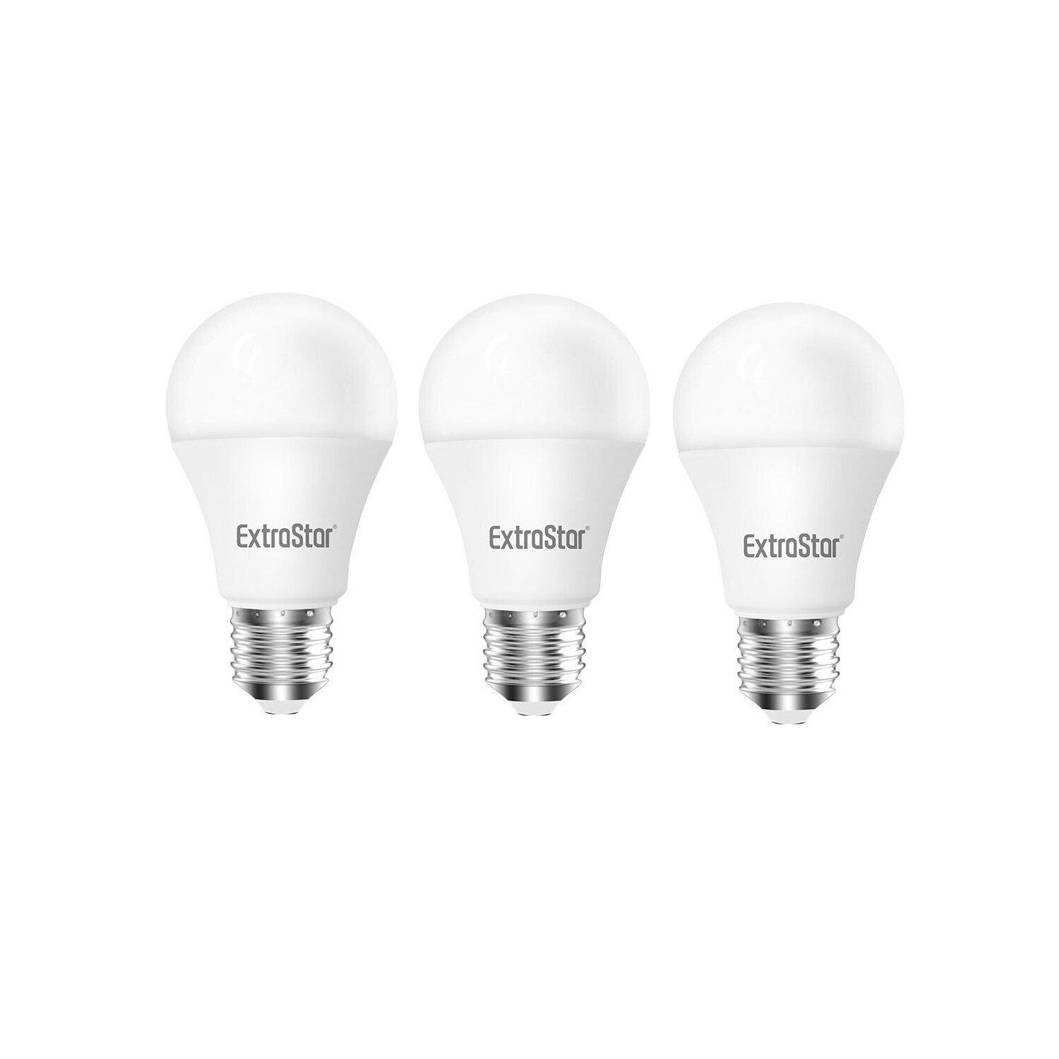 Three ExtraStar 15W LED A60 ball bulbs with a white plastic body and silver E27 base, emitting daylight at 6500K, packaged together.
