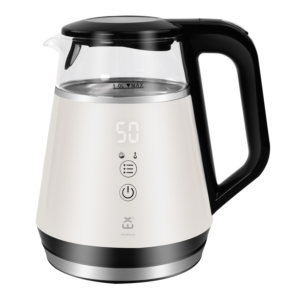 Cordless 1L kettle by ExtraStar featuring a sleek white body, black handle, digital temperature display, and control buttons for precise heating.