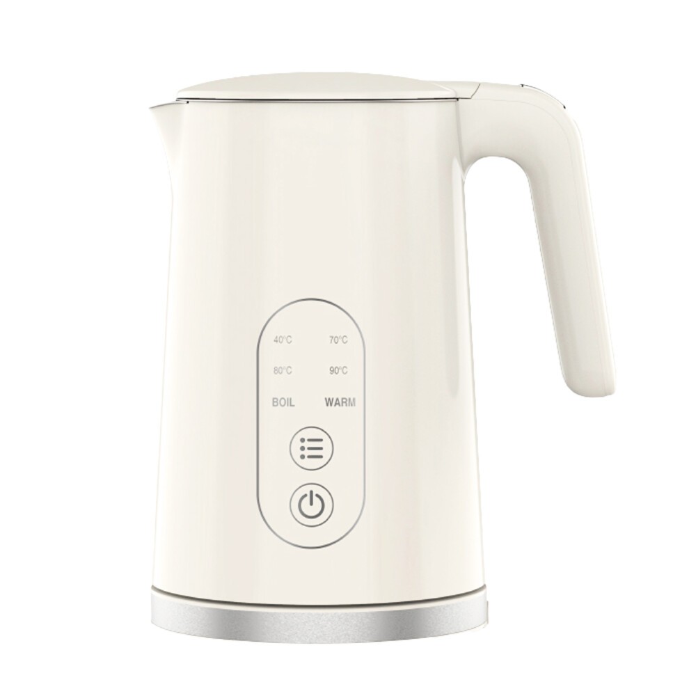 Cream-colored cordless kettle with a sleek design, featuring a digital control panel with temperature settings and a stainless steel base.