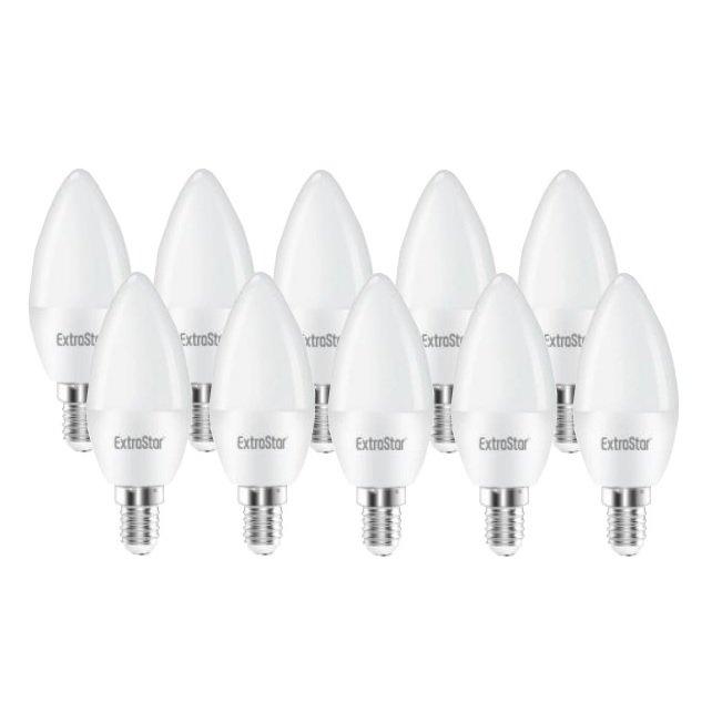 Ten E14 LED candle bulbs from ExtraStar, featuring a sleek white glass body and a silver base, emitting daylight at 6500K, ideal for brightening spaces.