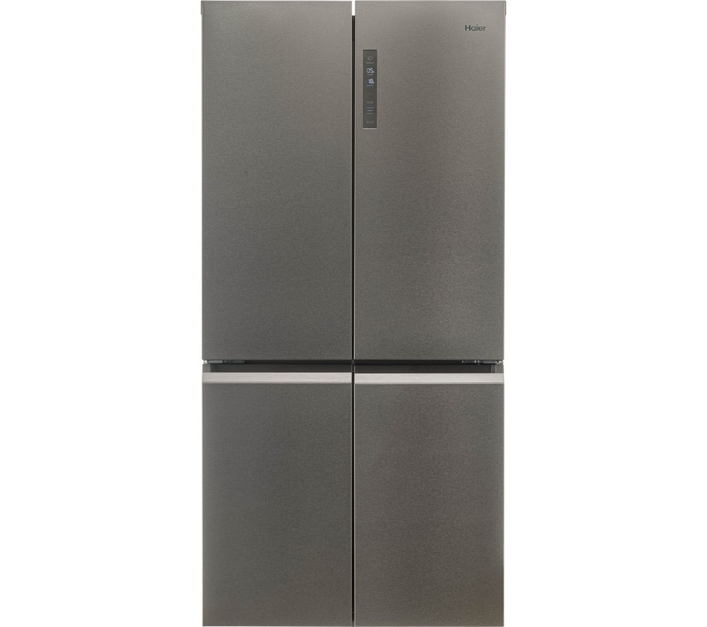 Haier 528L F Rated 4 Door Fridge Freezer in sleek stainless steel finish, featuring a digital control panel and modern handleless design.
