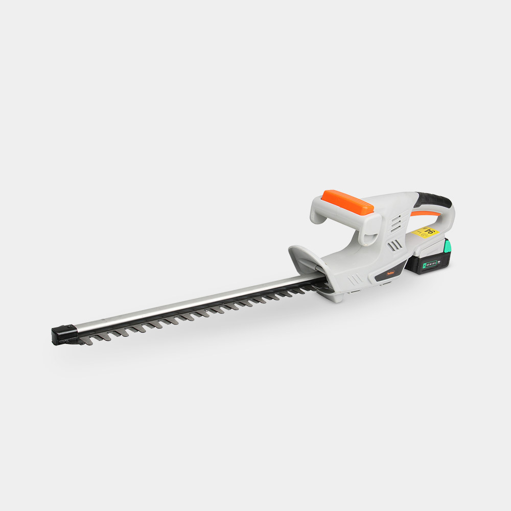 Cordless hedge trimmer in white and orange, featuring a long metal blade with sharp teeth, ergonomic handle, and a battery compartment for easy use and maneuverability.