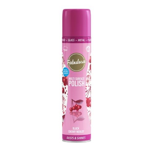 Fabulosa Black Cherry Merlot Multi Surface Polish in a 300ml spray can, featuring a vibrant pink design with cherry illustrations and a glossy finish.