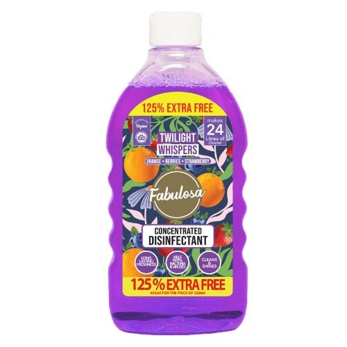 Purple plastic bottle of Fabulosa Twilight Whispers Concentrated Multipurpose Cleaner, featuring vibrant fruit illustrations, 495ml size, and claims to make 24 liters of cleaner.