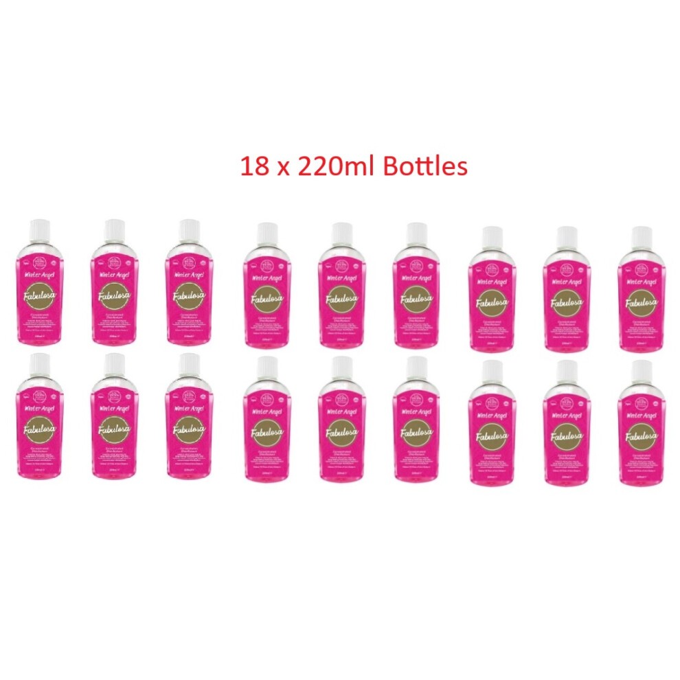 A full case of 18 pink bottles of Fabulosa Winter Angel 4 in 1 concentrated disinfectant, each containing 220ml, featuring a festive design and easy-to-use flip-top cap.