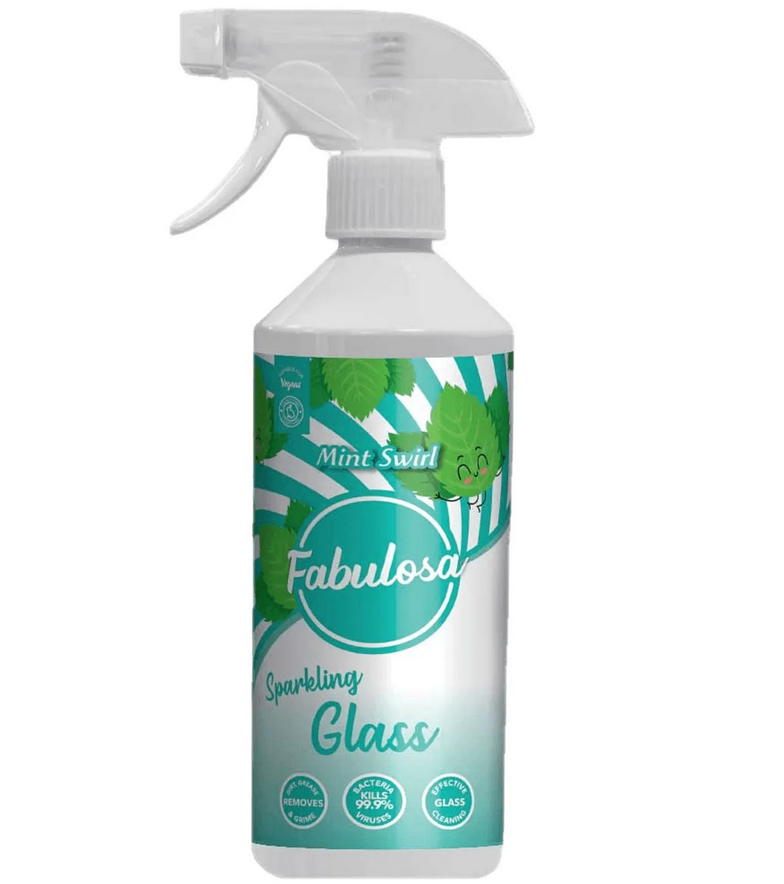 White spray bottle with a clear trigger, featuring a mint green label with leaf designs, labeled "Fabulosa Sparkling Glass," promoting streak-free shine and freshness.