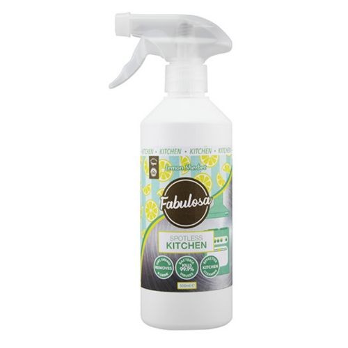 White plastic spray bottle with a trigger nozzle, labeled "Fabulosa Lemon Sherbet Spotless Kitchen Cleaning Spray," featuring lemon graphics and a 500ml capacity.