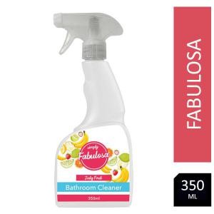 Clear plastic spray bottle with a grey trigger, labeled "Fabulosa Zesty Fruit Bathroom Cleaner," featuring colorful fruit graphics and a capacity of 350ml.
