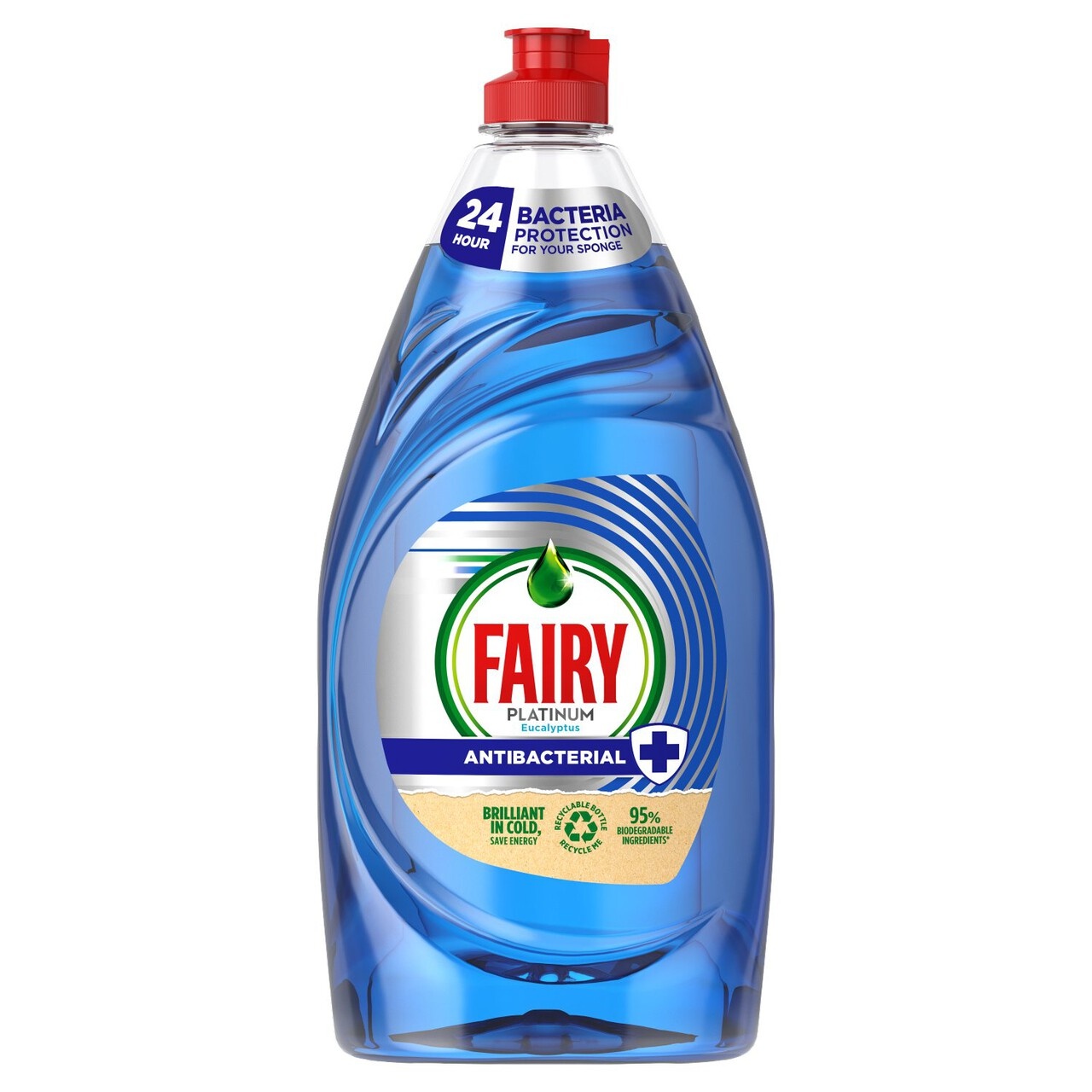 Clear plastic bottle of Fairy Hinch Antibacterial washing up liquid, featuring a blue liquid, red cap, and a label highlighting 24-hour bacteria protection and eco-friendly features.
