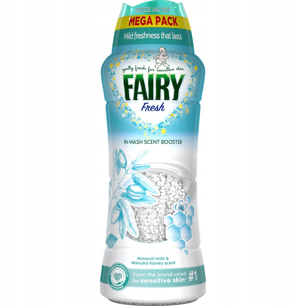 Clear plastic bottle with a turquoise and white design, featuring a floral pattern, labeled "FAIRY Fresh In-Wash Scent Booster," 540g, with a cap and "Mega Pack" text.
