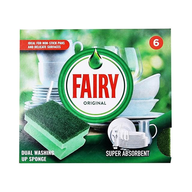Green and blue dual sponge scourer pack by Fairy, featuring a super absorbent design, ideal for non-stick pans and delicate surfaces, with a bold red "Fairy" logo on the packaging.