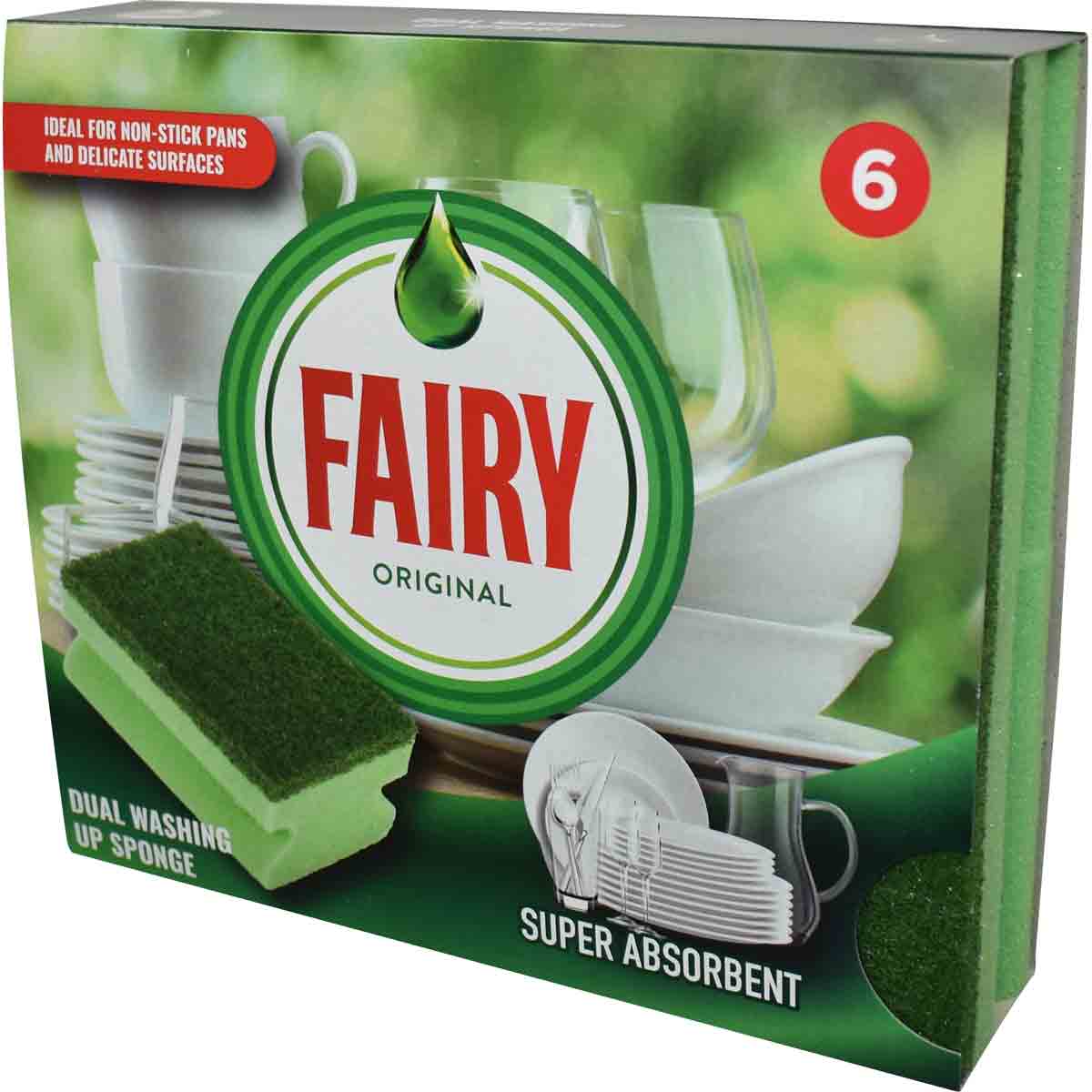Pack of 6 Fairy Original non-scratch dual washing up sponges in green and white, designed for delicate surfaces, featuring super absorbent material and ideal for non-stick pans.