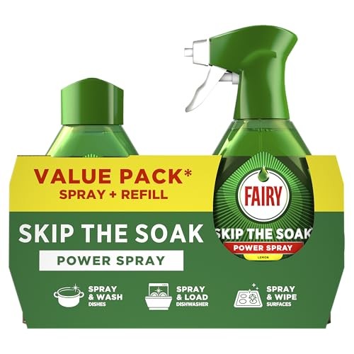 Green and yellow packaging featuring the Fairy brand, containing a 650ml spray bottle and a 650ml refill, labeled "Skip the Soak" for grease removal on dishes and surfaces.