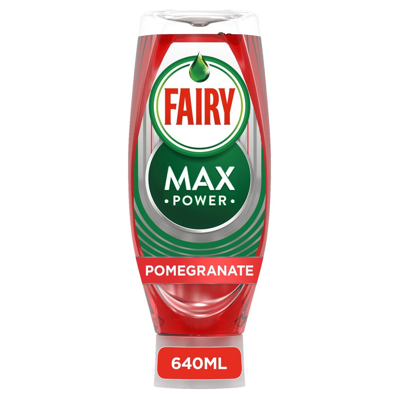 Red and transparent plastic bottle of Fairy Max Power Pomegranate washing up liquid, featuring a green label with white text and a red base, containing 640ml.