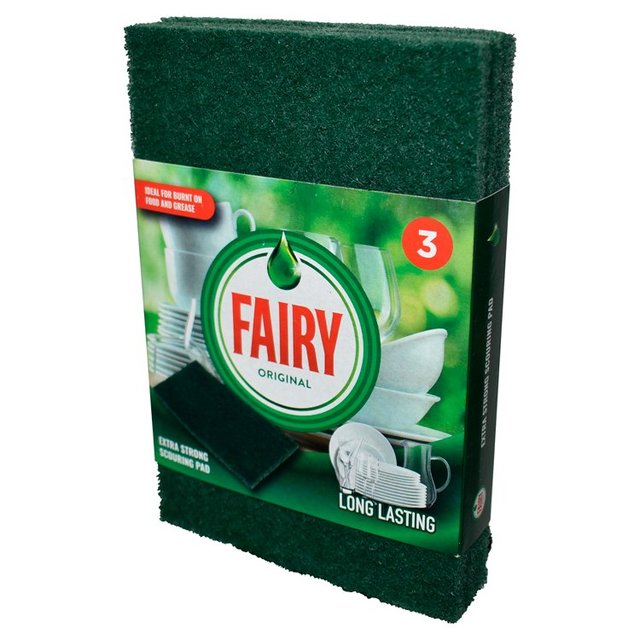 Green scourer pads in a triple pack, featuring a sturdy texture for scrubbing, with the Fairy logo prominently displayed on the packaging.