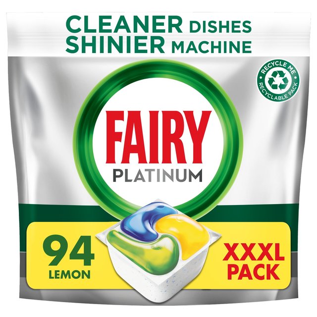 Fairy Platinum All in One Lemon Dishwasher Tablets pack, featuring a bright green logo, yellow label, and a colorful tablet design, contains 94 tablets in a recyclable pouch.